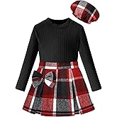 DONWEN Girl Skirt Sets 3 Piece Outfits Crew Neck Ribbed Tops Plaid Mini Skirt Shorts with Bowtie + Beret Fall Winter Clothes
