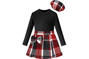 DONWEN Girl Skirt Sets 3 Piece Outfits Crew Neck Ribbed Tops Plaid Mini Skirt Shorts with Bowtie + Beret Fall Winter Clothes