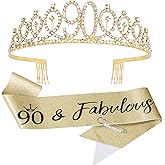 Vovii 90th Birthday Decorations for Women Sparkling 90th Birthday Sash and Tiara Set with Rhinestone 90 and Pearl Pin, Golden Metallic Shine Party Accessories Gift for Women