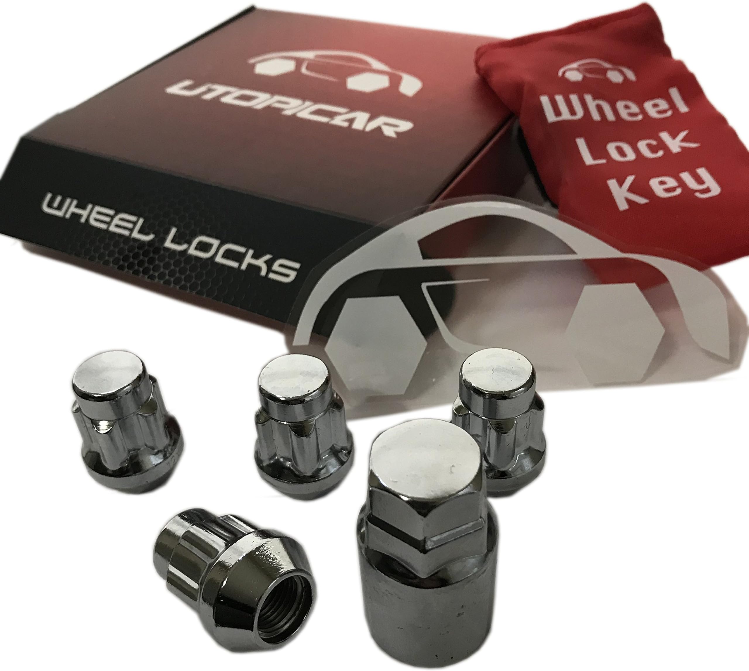 Utopicar Wheel Locks - Lug Nuts with Unique Key (Storage Pouch Included) Tire Theft Protection Best Key Replacement Program (Set of 4 + Key) Cone Seat (Size 14-mm X 1.5)