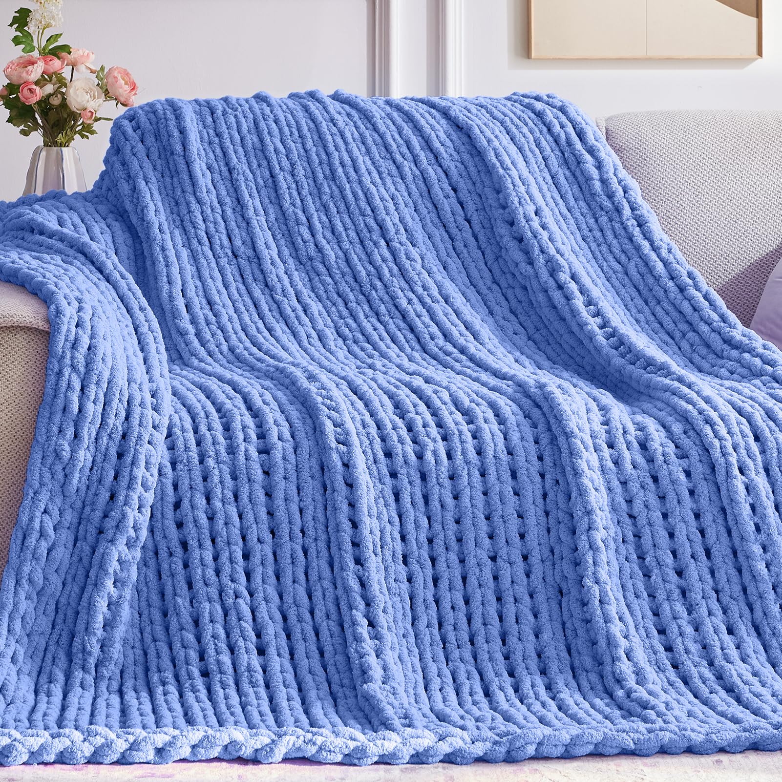 Negwoo Chunky Knit Throw Blanket, 50''*60'' Knitted Throw Chenille Yarn for Bed Couch, Handmade Light Blue Crochet Big Thick Blanket, Machine Washable Cute Comfy Blanket for Home Decor Image