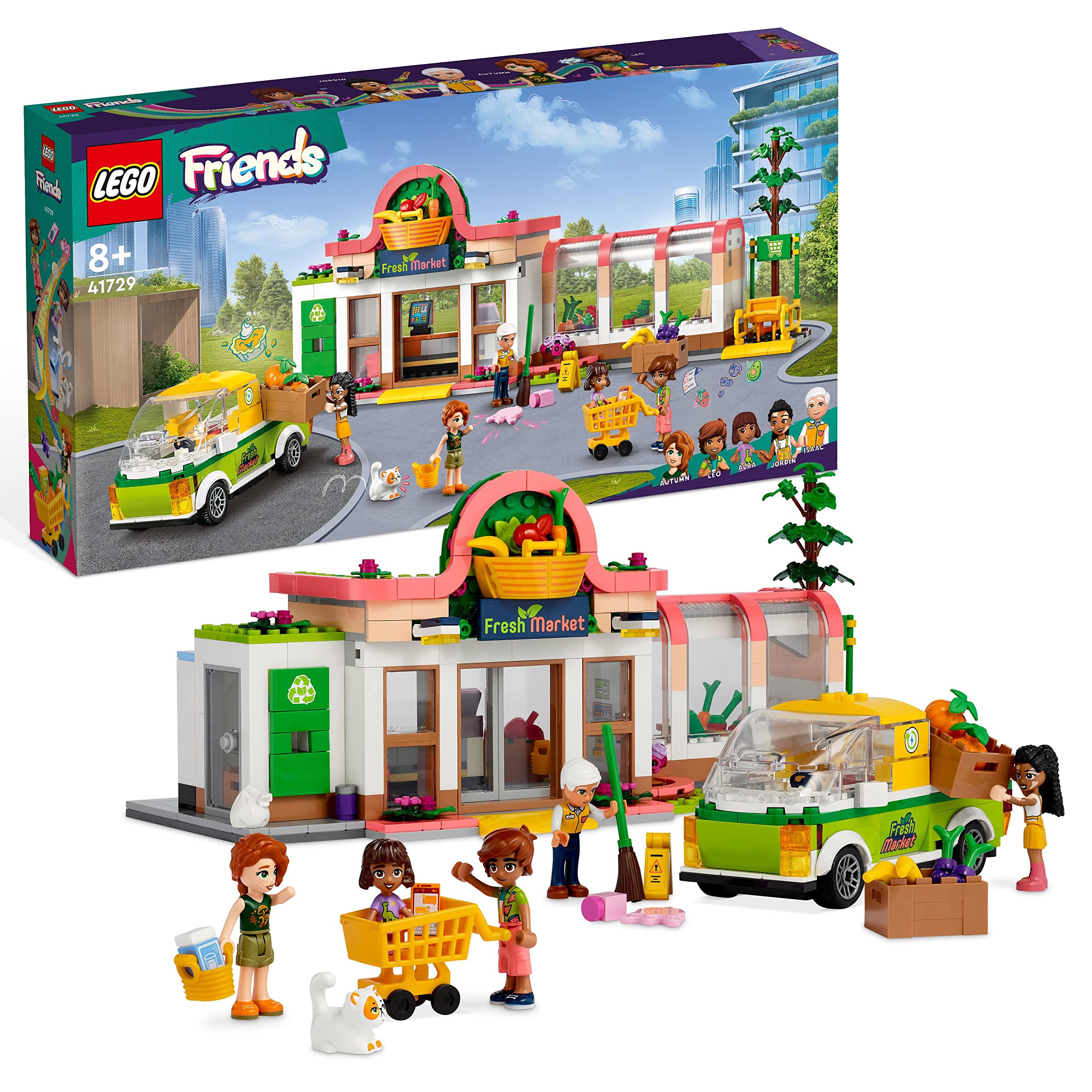 LEGO 41729 Friends Organic Grocery Store, Supermarket Toy Shop for Kids, Girls and Boys 8 Plus Years Old, Playset with Truck & 4 Mini-Dolls, 2023 Series Characters