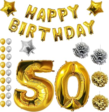 Belle Vous Ballons Fete Anniversaire Happy Birthday Fournitures Or Argent Age 50 Amazon Fr Cuisine Maison