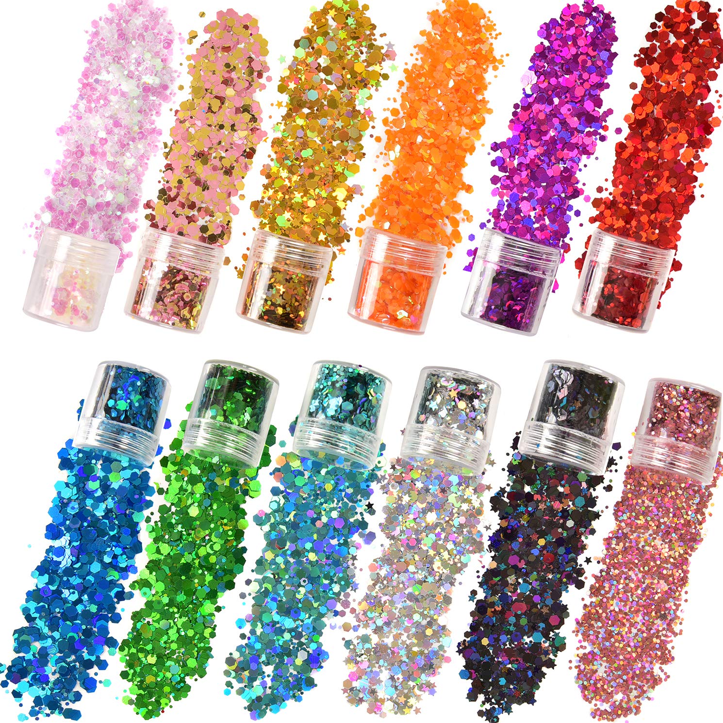 Unicorn Holographic glitter 12 color, face body hair and nails Holographic glitter powder, cosmetic glitter,hexagonal heart-shaped star