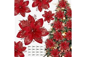 CHILDOM 16 PCS Poinsettia Flower Artificial Poinsettias with Clips Christmas Decor Glitter Poinsettia Christmas Ornaments Xmas Tree Flower Decorations with Stems DIY Xmas Wreath Holiday Home Party Decor
