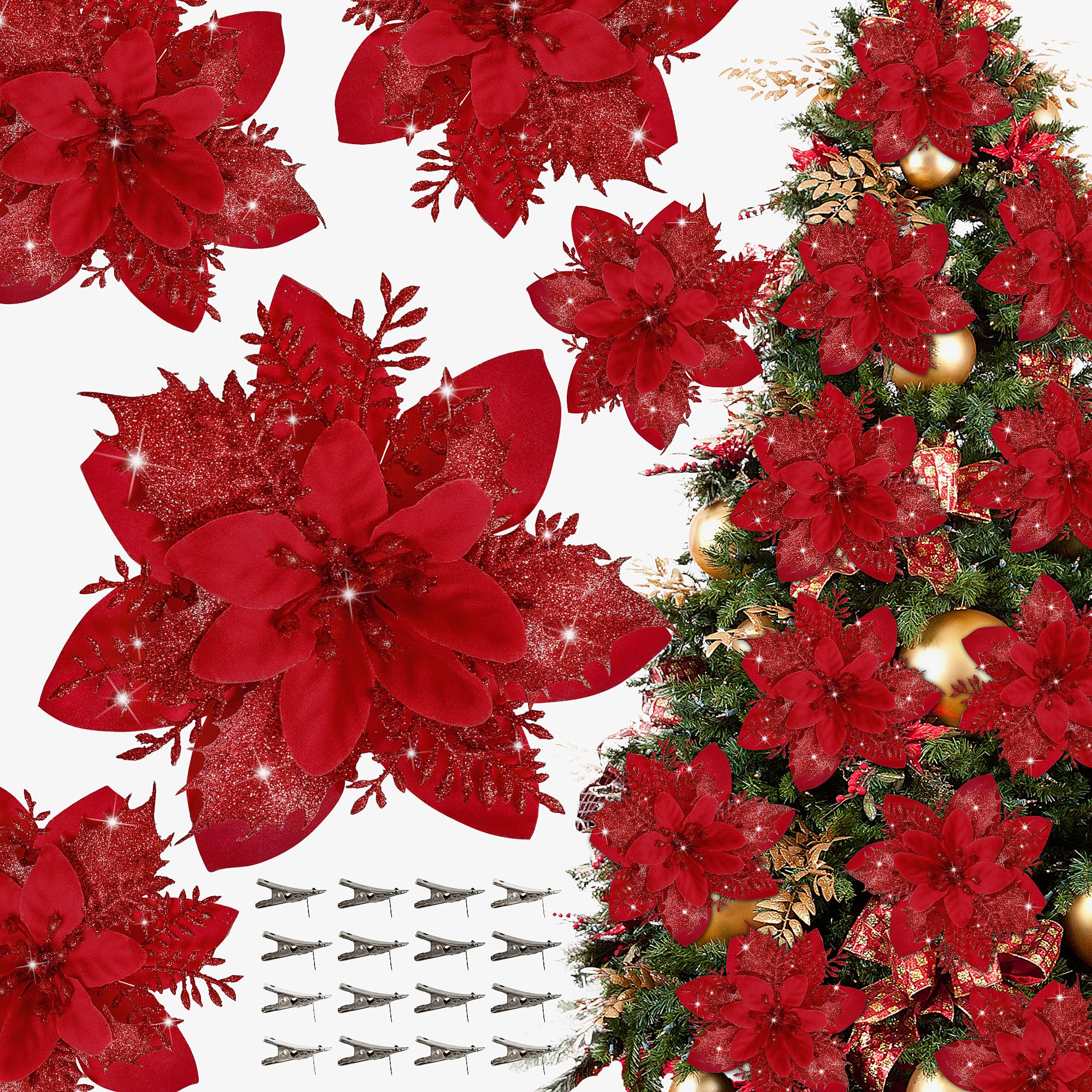 Photo 1 of 16 PCS Poinsettia Flower Artificial Poinsettias with Clips Christmas Decor Glitter Poinsettia Christmas Ornaments Xmas Tree Flower Decorations with Stems DIY Xmas Wreath Holiday Home Party Decor
