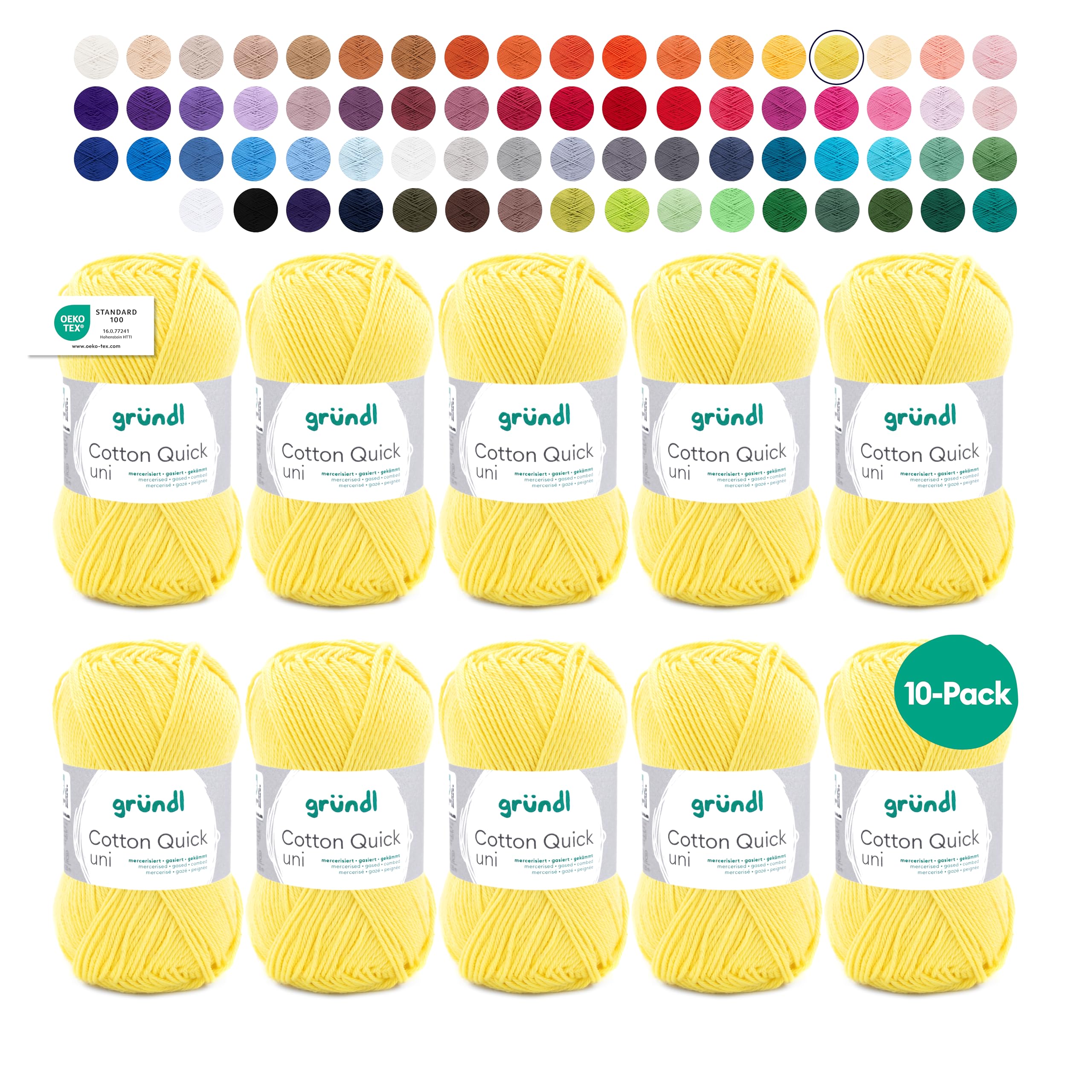 Gründl Wool Cotton Quick Plain - Thin Wool for Crocheting - Knitting Yarn - Crochet Yarn - Shiny and Skin Friendly - 100% Cotton - 10 Balls 50 g / 125 m - Needle Size 3-4 - Yellow
