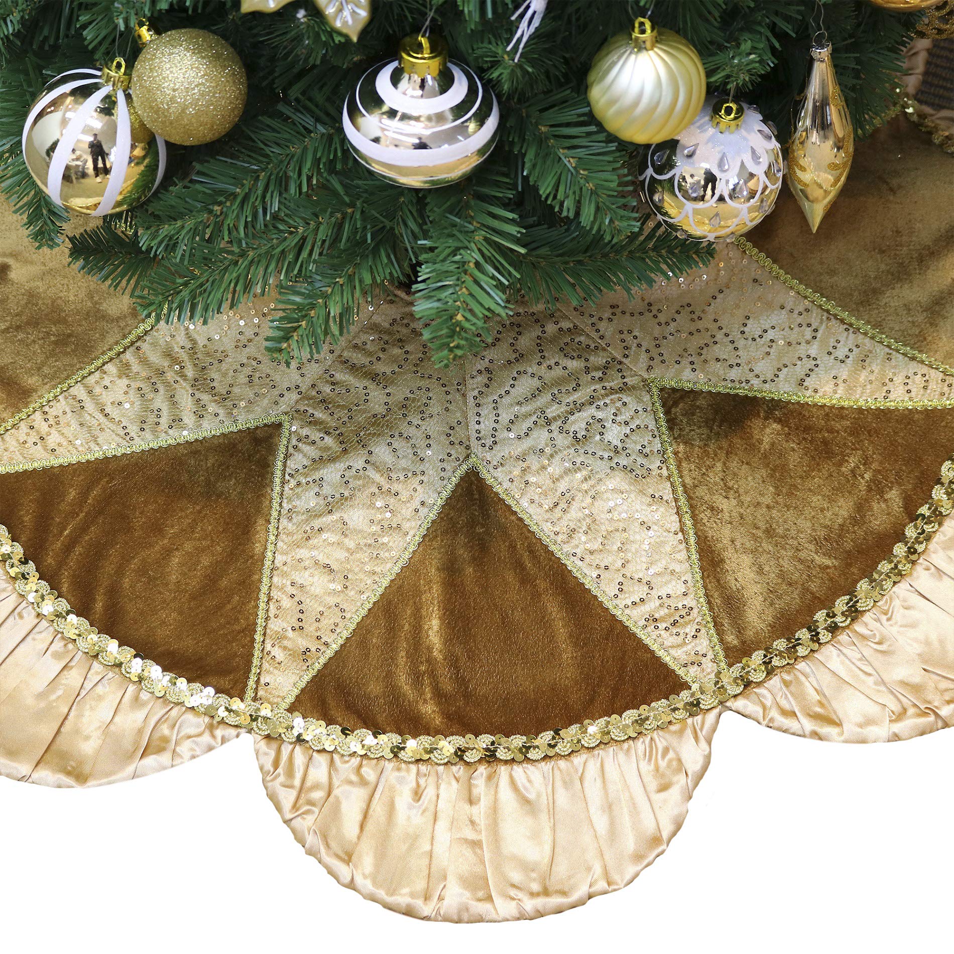 Photo 1 of Valery Madelyn Christmas Tree Skirt for Tree Decorations, 48 inch Luxury Sparking Gold Large Xmas Velvet Tree Skirt with Starshaped Sequins Pattern & Ruffle Trim for Chritmas Decor
