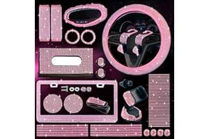 Zeinlenx 31 PCS Bling Car Accessories for Women, Bling Steering Wheel Cover Universal Fit 15 Inch,Rhinestone License Plate Frame, Bling Phone Holder, Cute Interior Set Decorations (Pink)