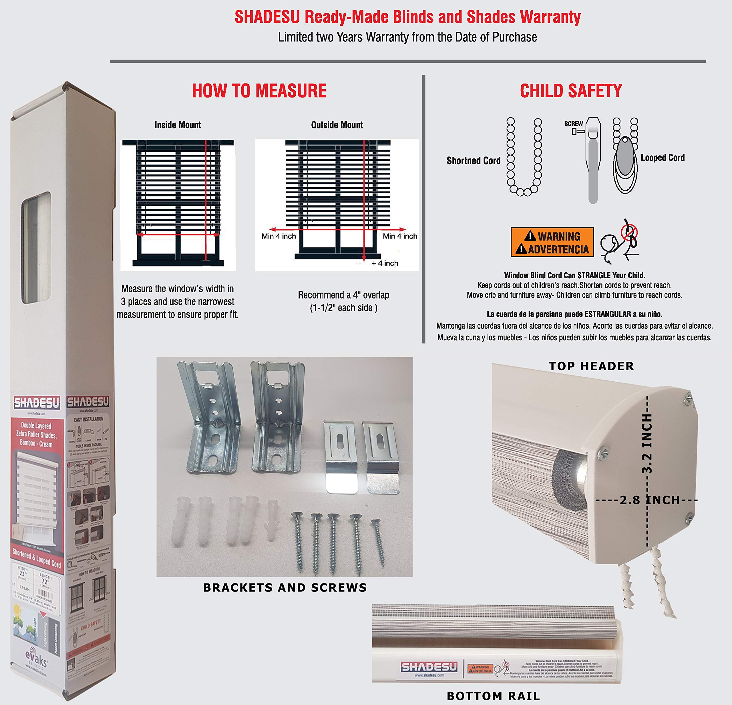 ShadesU Window Blind Dual Layer Zebra Roller Light Filtering Sheer Shades Window Treatments Privacy Light Control for Day and Night (Maxium Height 72inch) (White Color) (Width 24inch)