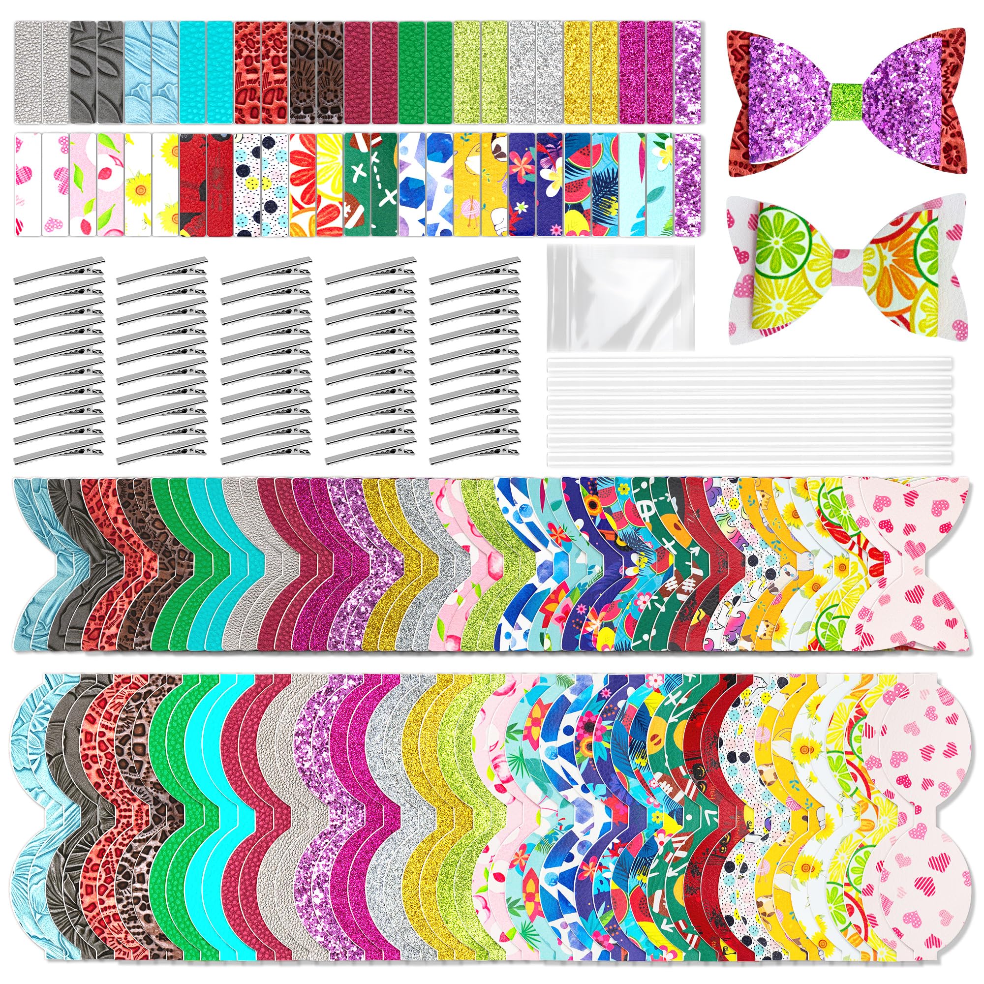 AOUXSEEM 50 Set【Random Colors】 Bows Making Kit for Beginners, Pre Cut Faux Leather Hairbows Maybe Contains Printed PU/Glitter/Embossed/Holographic/Jelly/Solid Textured Fabric with Alligator Clips