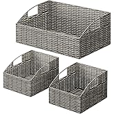 Ollieroo Rattan Storage Baskets, Handwoven Wicker Storage Bins with Built-in Handles, Storage Container Baskets for Shelves, Bedroom, Bathroom, Laundry Room or Kitchen(Grey)