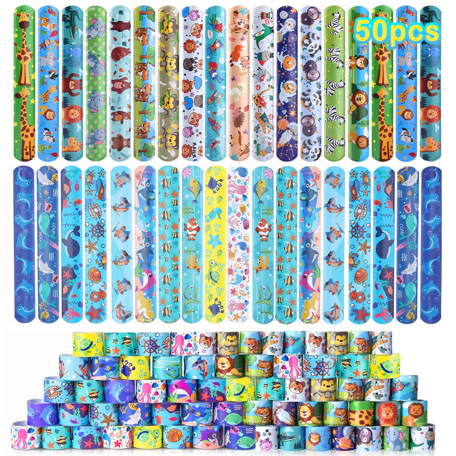 Acuiwer Slap Bracelet 50 PCS Ocean Animals Slap Wrist Bands Bulk for Kids Party Bag Fillers Party Supplies Flavors Gift for Girls Boys Birthday Christmas (Ocean-Animals-50Pcs)