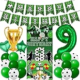 9th Birthday Soccer Party Decorations - 25 Pcs Green Football Theme Banners Backdrop Trophy Number 9 Star Heart Foil Balloons for Boys 9 Years Old Soccer Sports Lover Happy Birthday Decor Supplies