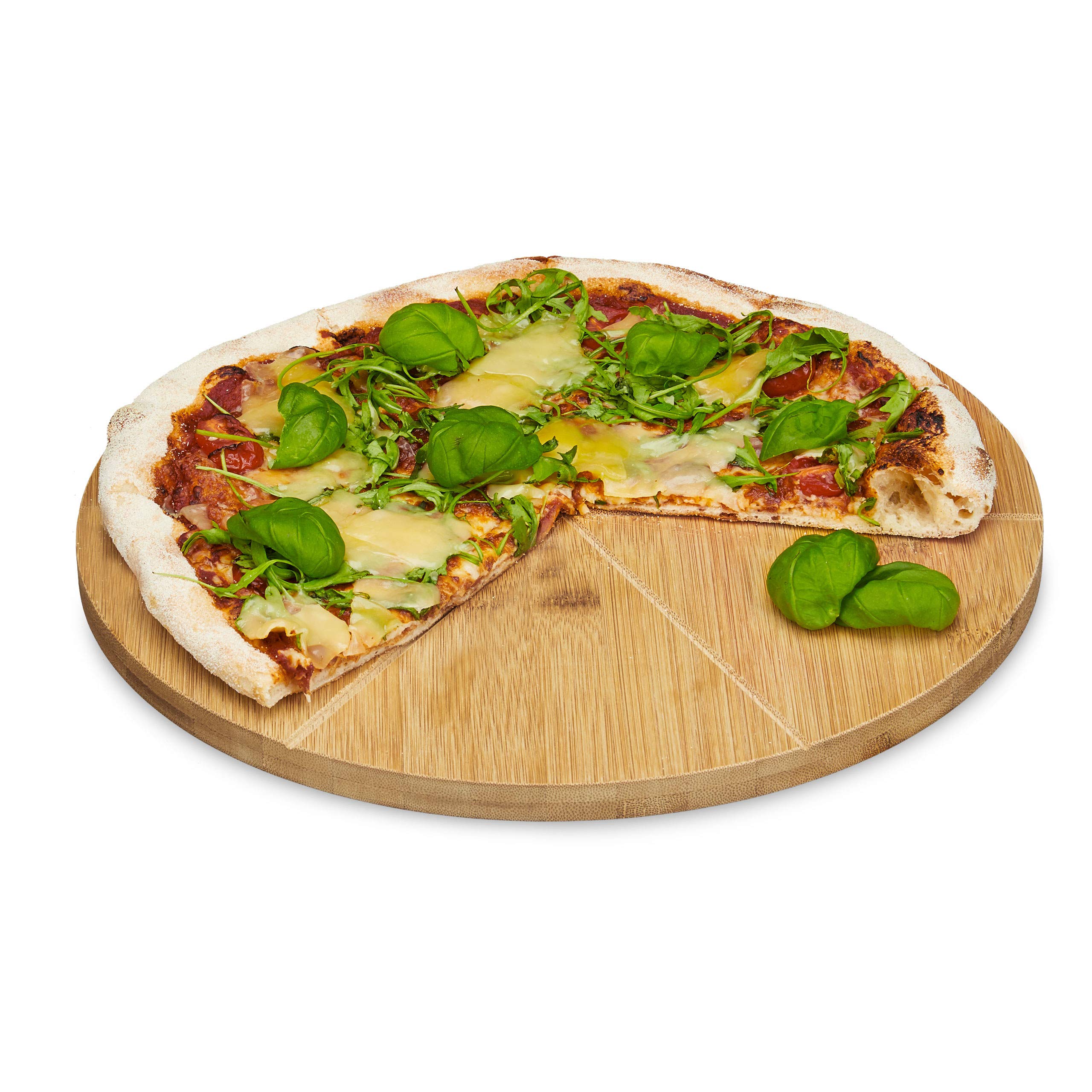 Relaxdays Bamboo Pizza Plate with 33 cm Diameter, Wooden Cutting Board, Firm Pizza Board with 6 Parts for Even-Sized Pieces, Wooden Pizza Platter, Natural Brown