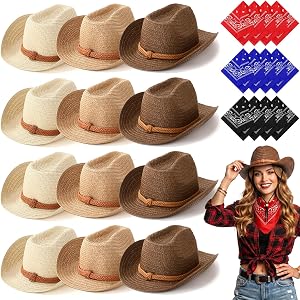 SATINIOR 12 Set Straw Cowboy Hats & Bandanas - Cowboy Party Hat Costume with Head Bandana