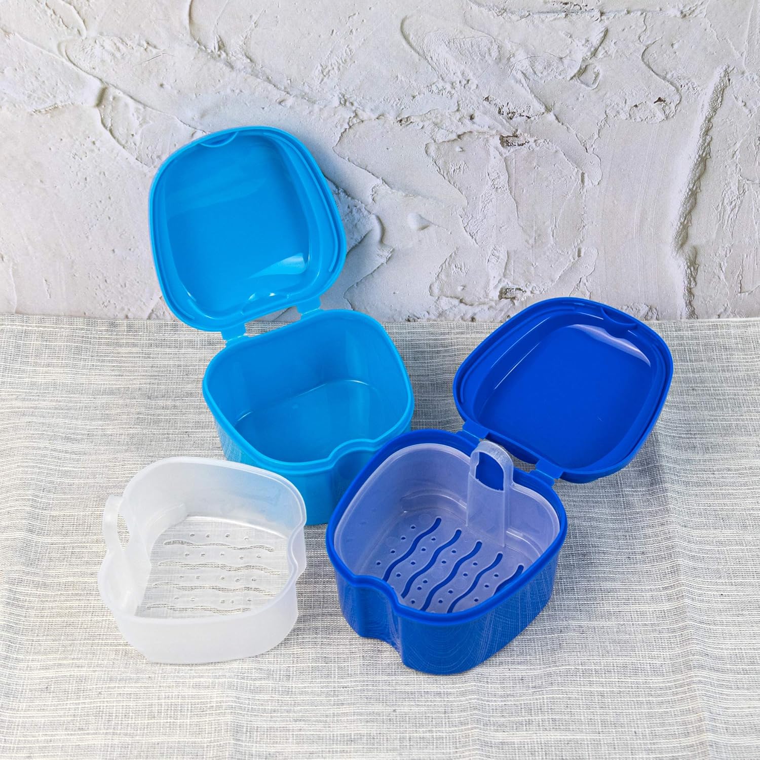 AUEAR, 2 Pack Denture Box with Basket Dark Blue and Light Blue Plastic Denture Box with Net Container for Home Travel: Health & Personal Care