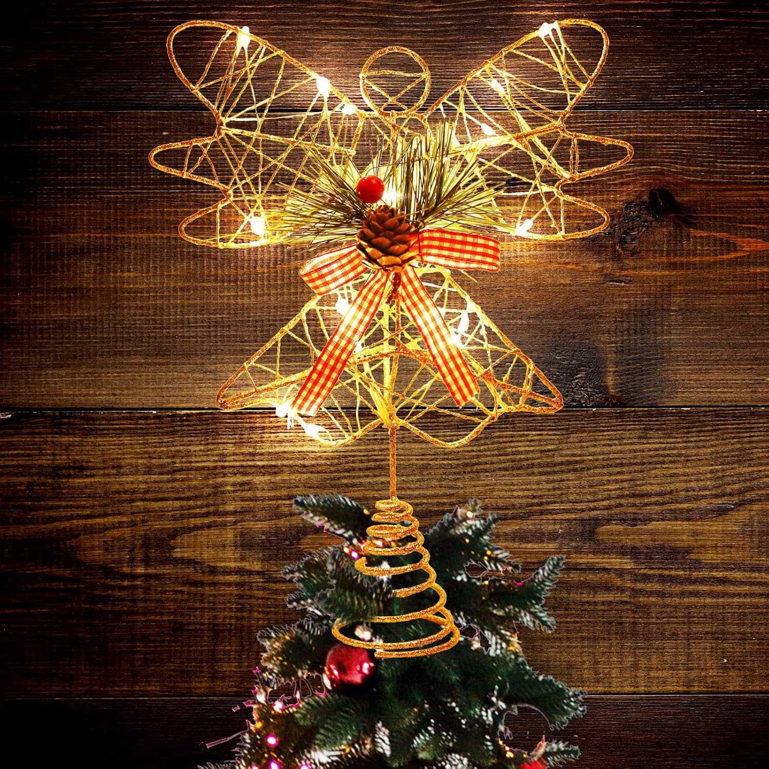 Tree Toppers - Whaline Christmas Angel Tree Topper 10 Inch Glitter Gold Angel Holding Berry Pine Cone Bow Treetop Ornament with Pine Needles Lighted Angel Xmas Tree Topper for Christmas Holiday Home Decoration