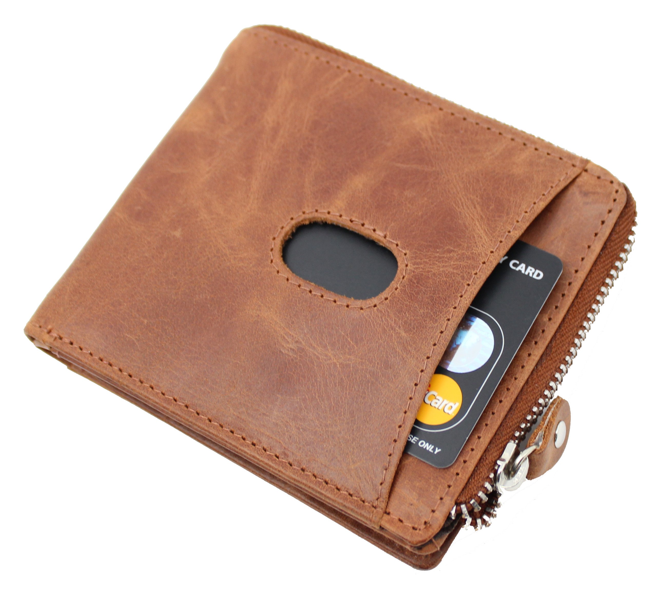 TOPSUM LONDON Mens RFID Blocking Billfold Genuine Leather Zipper Wallet 4017 Tan