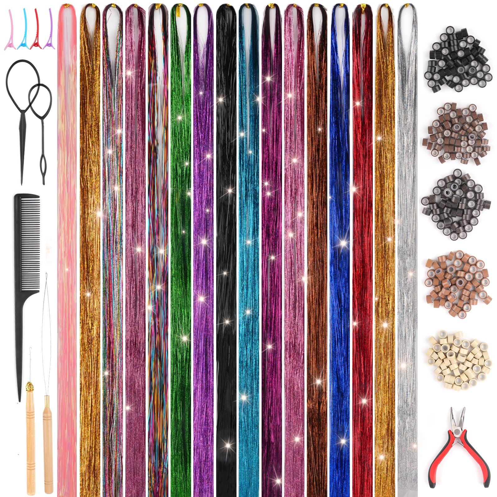 Glitter Hair Tinsel Kit with Tools - 3200 Sparkling Strands, 16 Colours, 47 Inch Length, Heat Resistant Fairy Hair Accessories for Women & Girls — image 1