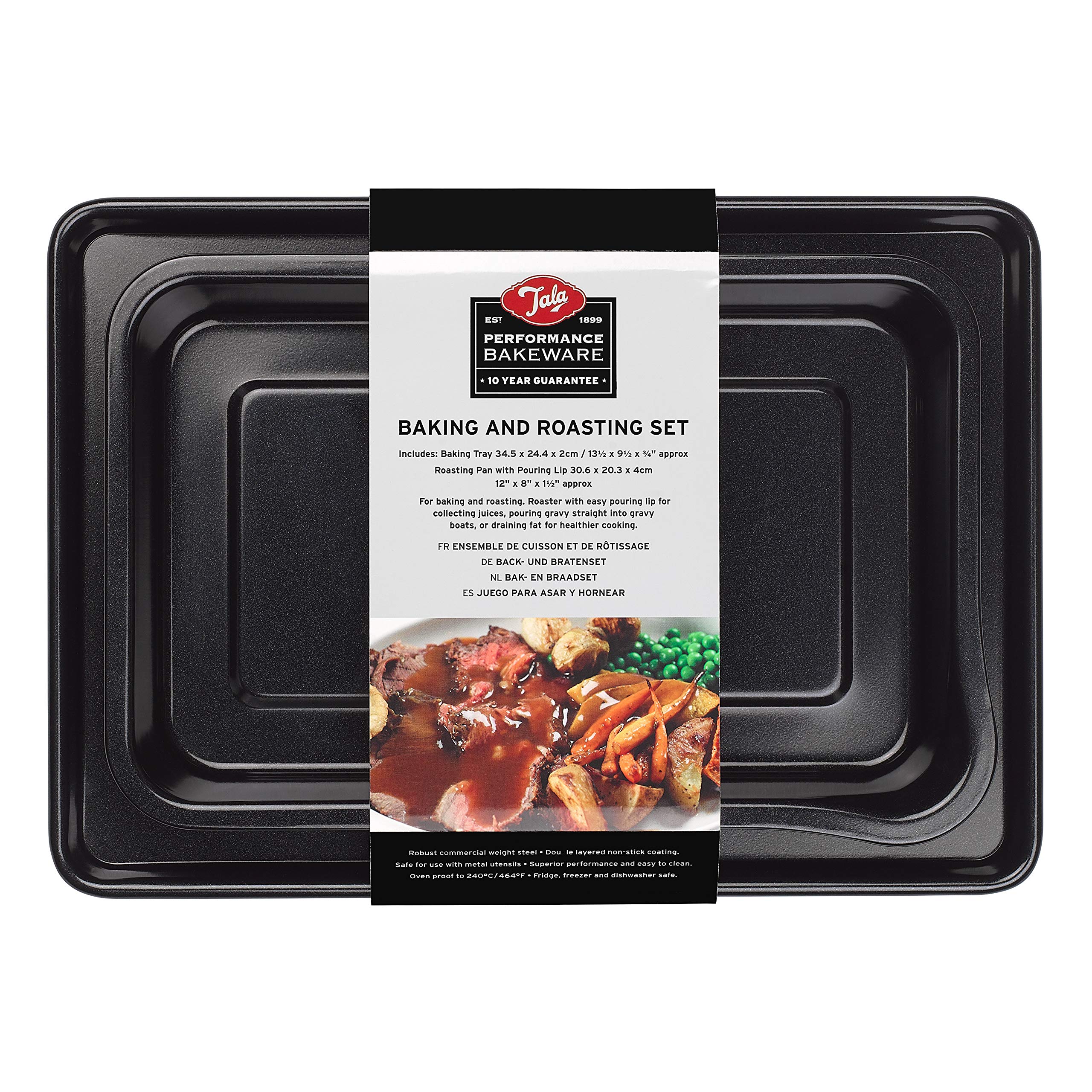 Tala Performance Baking and Roasting Set, Baking Tray 34.5 x 24.4 x 2cm and Roaster with Pouring Lip 30.6 x 20.3 x 4cm, Professional Gauge Carbon Steel with Premium Non-Stick Coating
