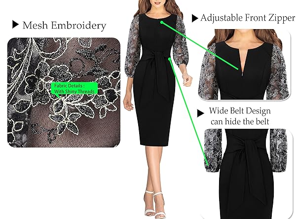 VFSHOW WOMENS BLACK FLORAL EMBROIDERY COCKTAIL EVENING BISHOP SLEEVE TIE WAIST SLIM FRONT ZIPPER PARTY BODYCON PENCIL SHEATH DRESS 8680 BLK S