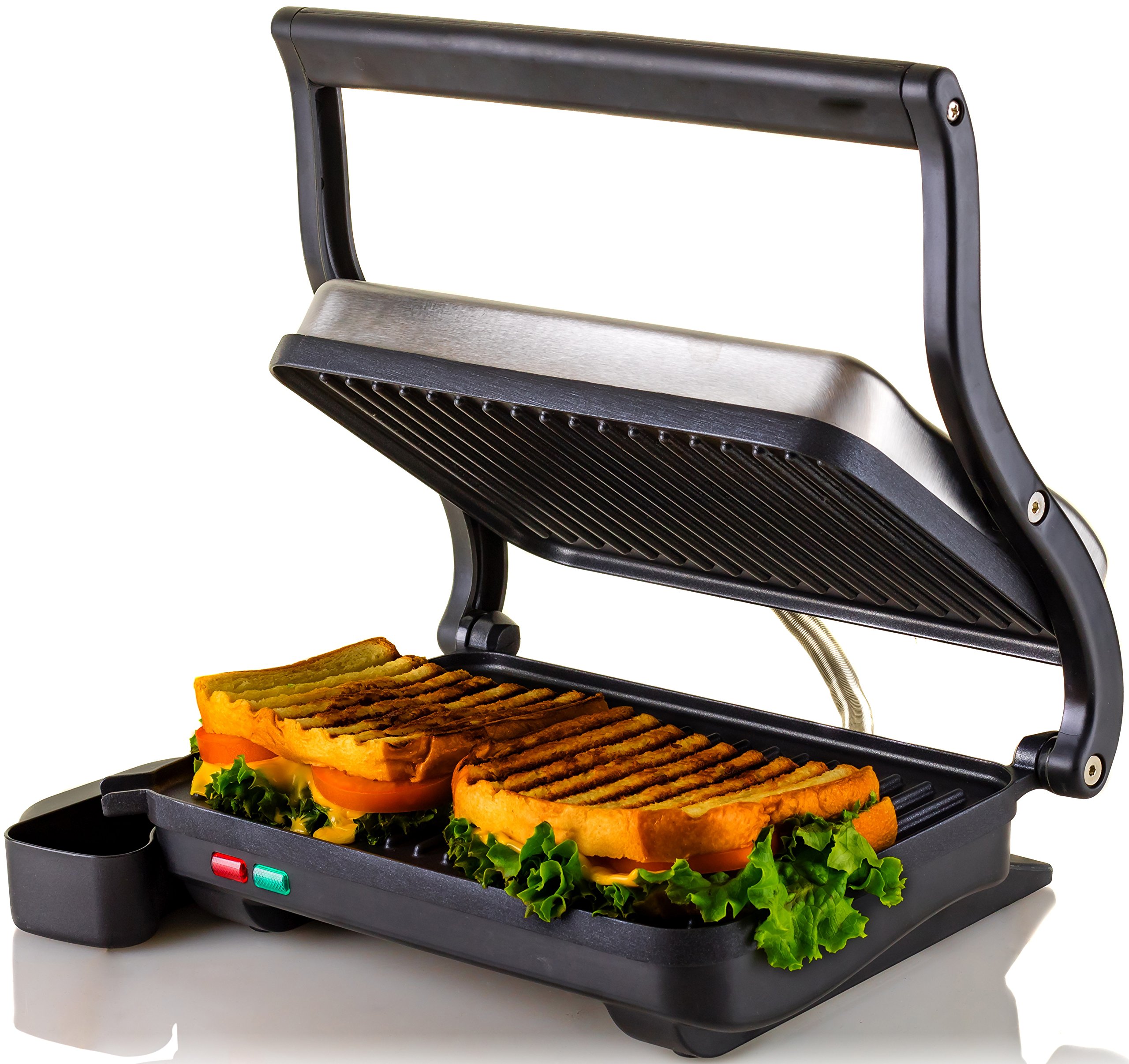 OVENTE Electric Indoor Panini Press Grill and Sandwich Maker with Non-Stick Coated Plates, Opens 180 Degrees to Fit Any Type or Size Food, Temperature Control and Removable Drip Tray, Silver GP0620BR