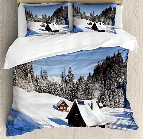 Ambesonne Winter Duvet Cover Set King Size Log Cabins In The