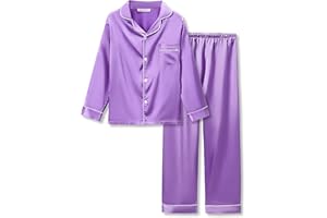 Beezizac Little & Big Girls Pajama Set Size 6-16 -Pink/Blue/Turquoise/Peach Satin Silky Cute Fall Winter Long Outfit