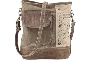 SAGEFINDS Upcycled Canvas Shoulder Bag, Earth Friendly Tote, Inspirational Words, No Two Alike, Adjustable Strap, Fully Lined, Zip Closure,12” x 12 ¾”