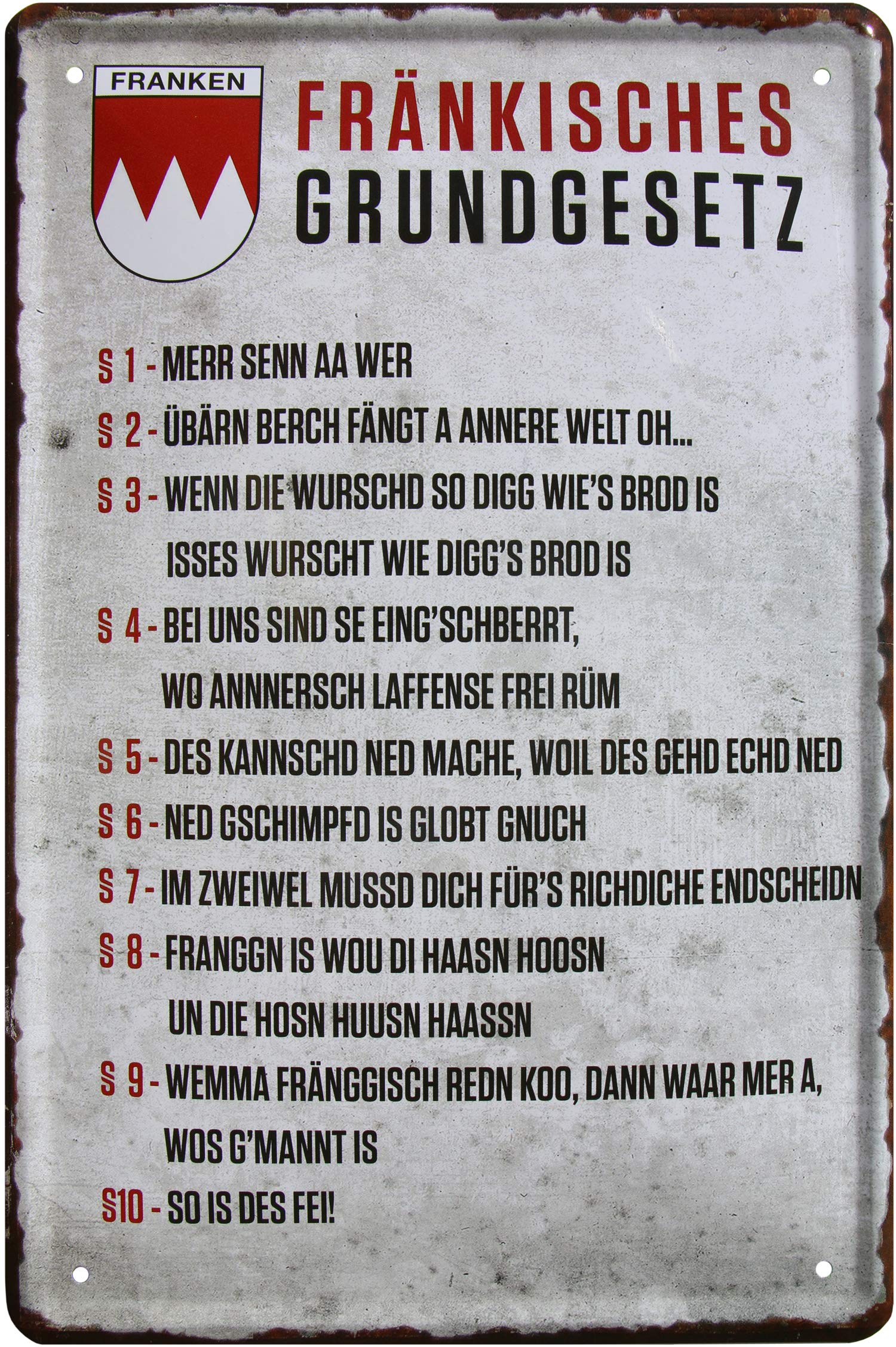 26 Decorative Tin Metal Sign with German Text ''Frankien Grundgesetz Franken 20 x 30 cm