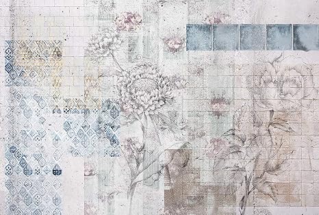 Komar - Vlies Fototapete PATCHES - 368 x 248 cm - Tapete, Wand Dekoration, Blumen, Muster, Steinmauer, Kunst - XXL4-068