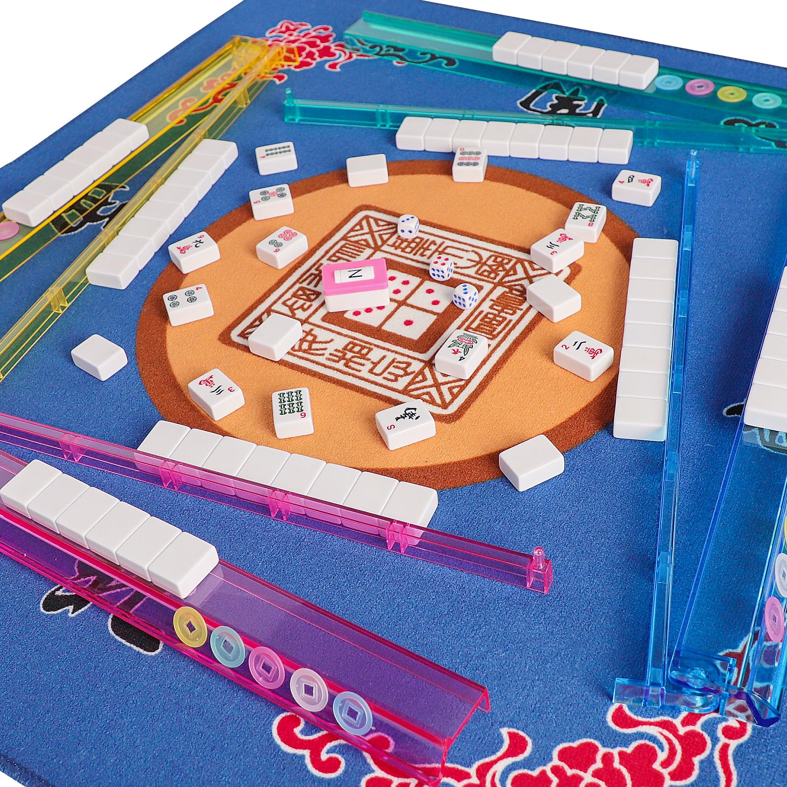 American Mahjong Game Set, 166 Quality White Tiles, 4 All-in-One Color Rack/Pushers, Mahjong Tile Set with Blue Printed Carrying Bag