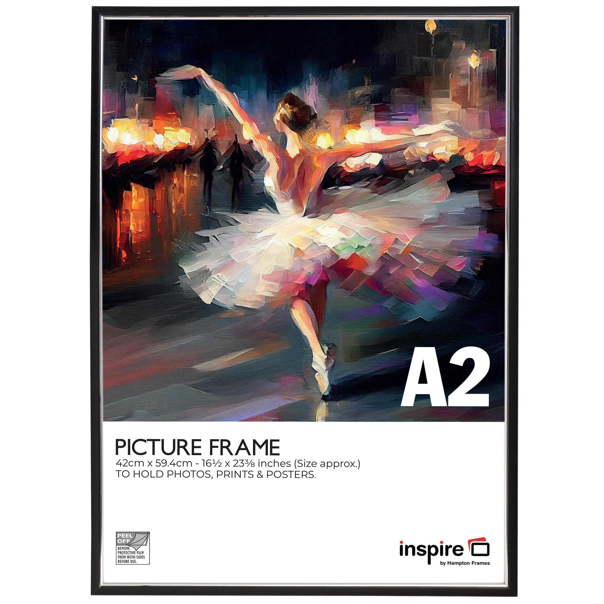 inspire by Hampton Frames | Picture Poster Frame | A2 (42x59cm), Black, Plastic, Foil Wrapped | Acrylic Non-Glass Front, Wall Mount, Landscape or Portrait | Display for Photos, Posters