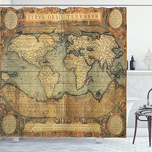 Ambesonne Wanderlust Shower Curtain, 16th Century Map of The World History Adventure Civilization, Cloth Fabric Bathroom Decor Set with Hooks, 84" Long Extra, Green Brown