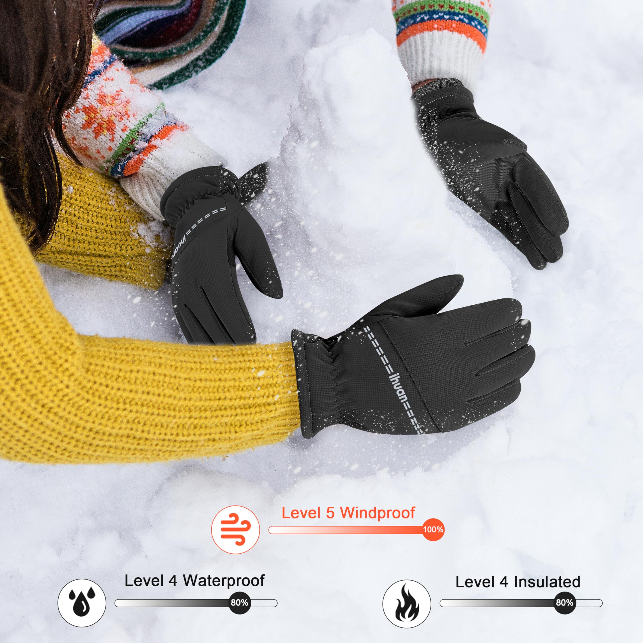 ihuan Winter Waterproof Snow Ski Gloves for Women Men,Cold Weather Warm Thermal Touchscreen