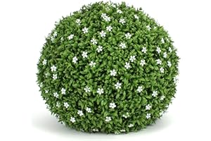 3rd Street Inn Large White Flower Grass Topiary Ball - Artificial Plant Set - Indoor/Outdoor Wedding Party Decor - Faux Foliage Garden Sphere - Tree and Bush Substitute (15", 2 Pack)