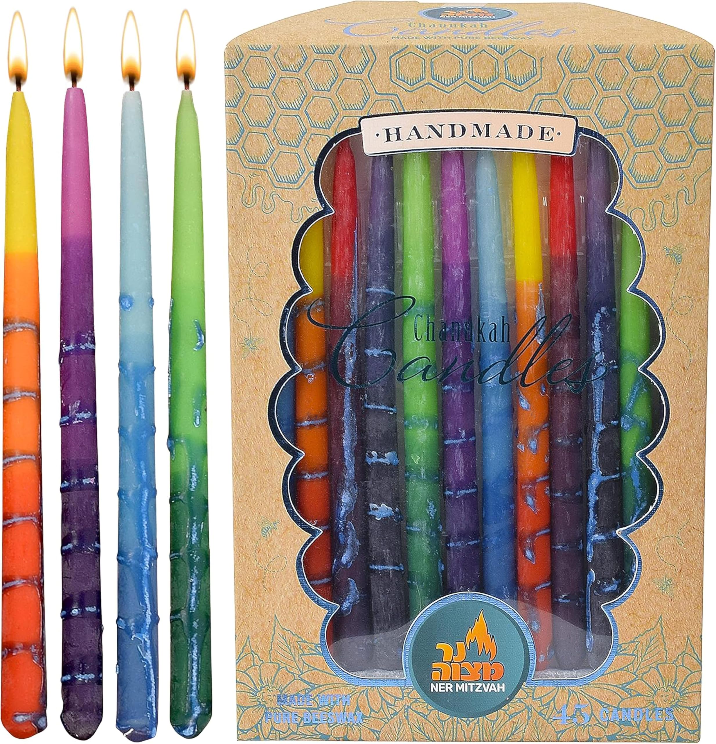 Beeswax Chanukah Candles Standard Size Fits Most Menorahs - Decorated Multi Colored Beeswax Hanukkah Candles - Premium Quality Pure Bees Wax - 45 Count for All 8 Nights of Hanukkah - by Ner Mitzvah โ image 1