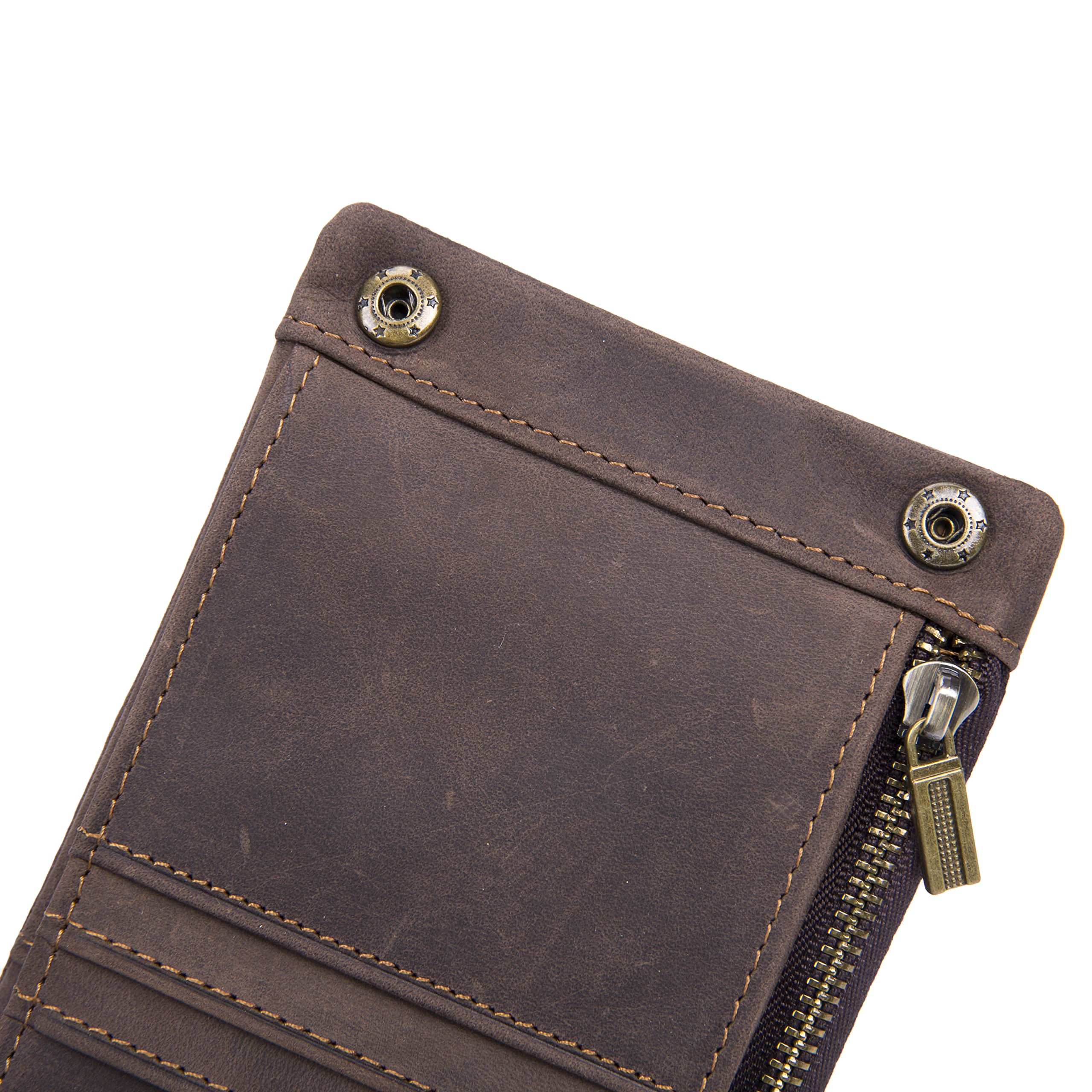 Mens Retro Leather Zipper Wallet Crazy Horse Calfskin Coin Pouch Card Case with ID Window - Dark Brown