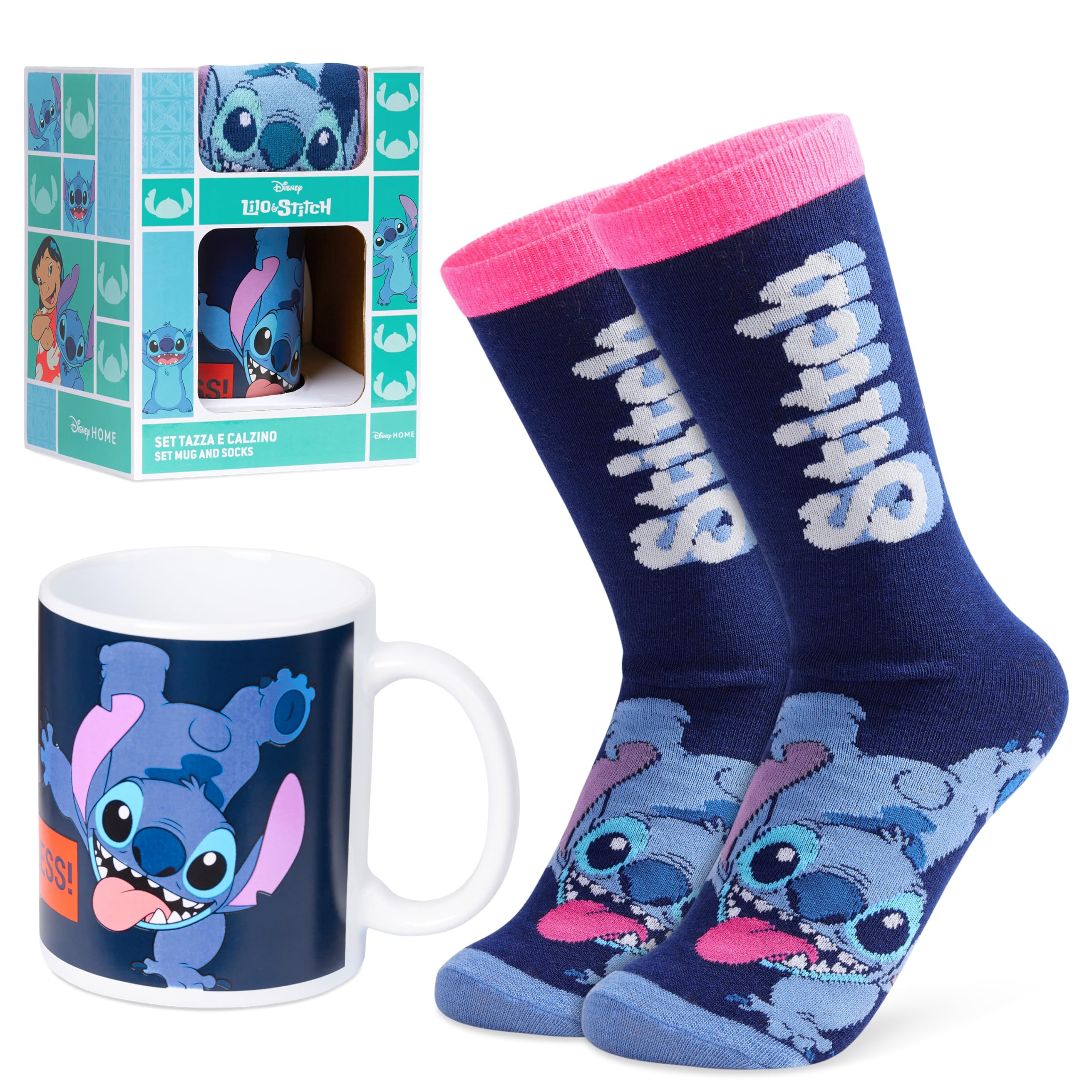 Disney Stitch Mug and Calf Socks Gift Set for Women Teenagers Cute 312ml Ceramic Mug Soft Socks, Stocking Filler Gifts for Her Gifts (Navy)