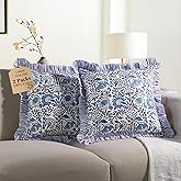 CPC Indigo Blue Ruffle Throw Pillow Covers for Couch, 18x18 Inch Cotton Stripe Ruffle Couch Pillows for Living Room, Hidden 14 Inch Zipper Boho Pillow Case or Cute Outdoor Pillows