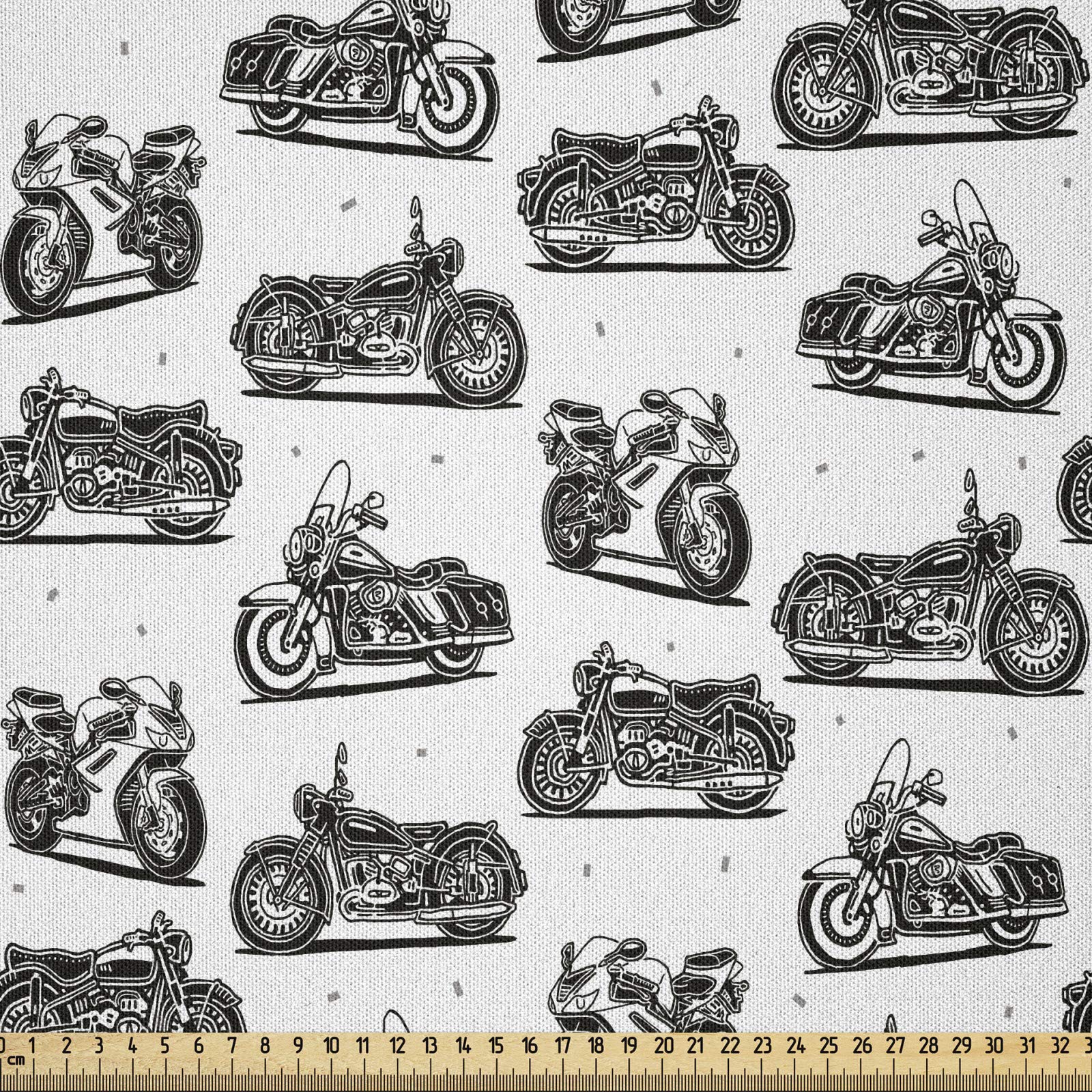 ABAKUHAUS Motorcycle Fabric by the Yard, Retro Motorcycle Drawings of Old-Fashioned and Modern on White Background, Microfiber Fabric for Arts and Crafts Textiles Decor, 1M, Grey White Black