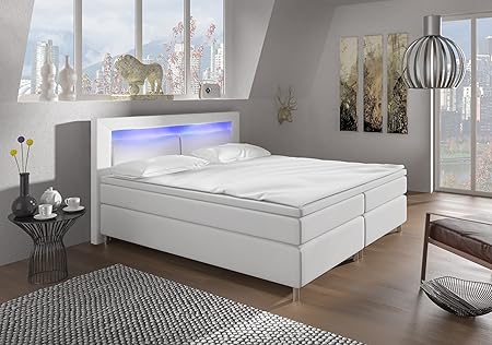 Boxspringbett 140x200 mit LED Beleuchtung und Chromleiste Hotelbett Doppelbett Polsterbett Ehebett amerikanisches Bett Chrom 
