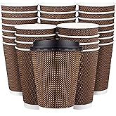 Promora Brown Disposable Coffee Cups With Lids 12 oz, Premium Insulated Paper Ripple Cups for Hot Coffee, Paper Coffee Cup with Lids (80 Pack)