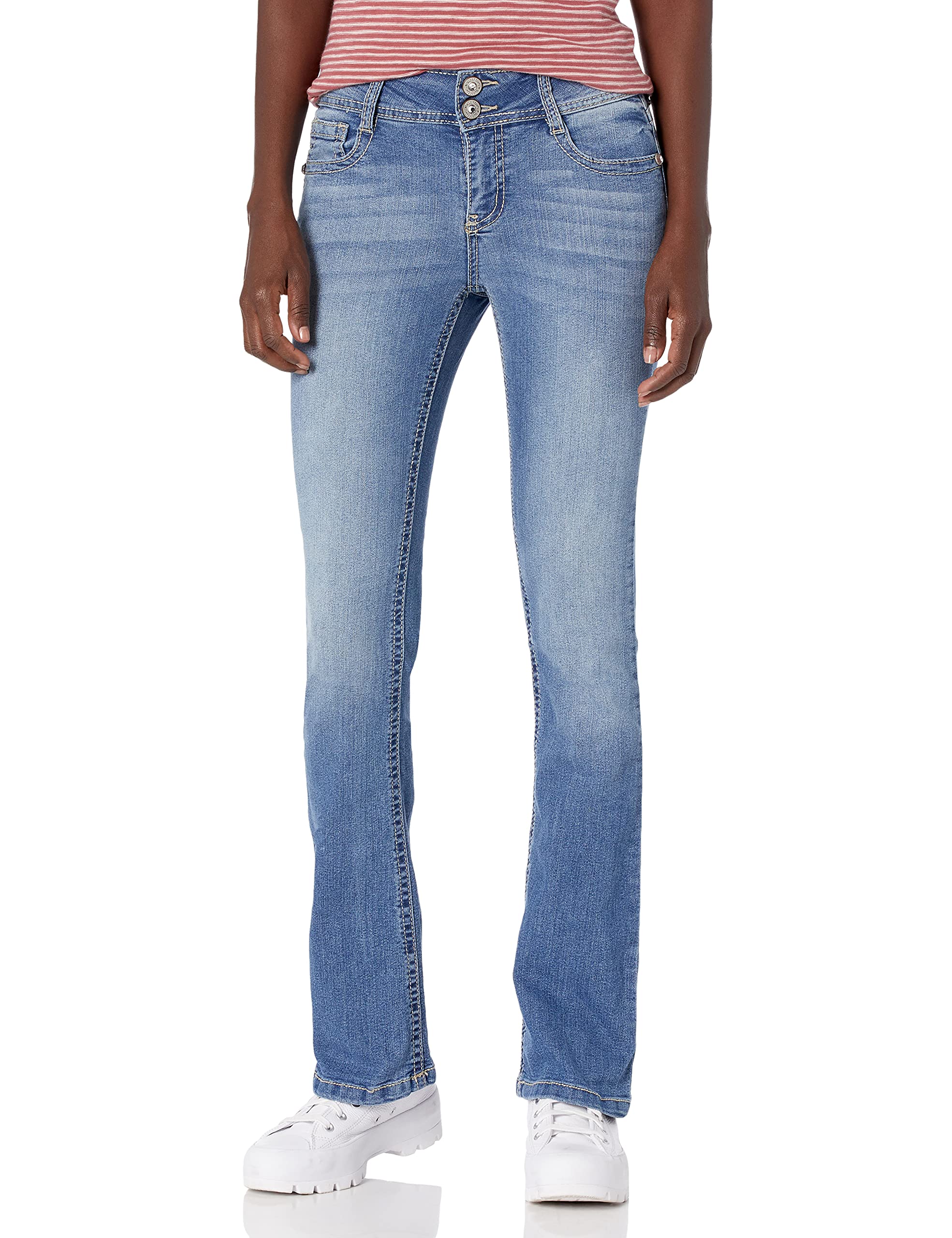 WallFlower Women's Luscious Curvy Bootcut Mid-Rise Bling Insta Stretch Juniors Jeans (Standard and Plus), Veronica, 1 Image WallFlower Women's Luscious Curvy Bootcut Mid-Rise Bling Insta Stretch Juniors Jeans (Standard and Plus), Veronica, 1 Image