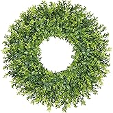 Vlorart 24 Inch Large Boxwood Door Wreaths for Front Door Outside All Season, Artificial Spring Summer Green Wreath with Blue Floral Wreath Sash, Front Door Wreaths for Indoor Outdoor Farmhouse Porch