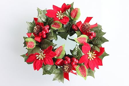 Foglie Stella Di Natale.Ghirlanda Portacandele Di Natale Con Foglie Di Stella Di Natale Pigne E Nastro Colore Rosso E Oro Per Candele Da 6 Cm Amazon It Casa E Cucina