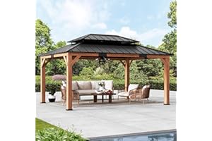 MODERN SHADE OUTDOOR LIVING SPACES Modern Shade Rosewood Wood Gazebo 12' x 16', Cedar Framed Grill Gazebo with Double Galvanized Steel Roof, Permanent Hardtop Pavilion with Sturdy Hooks for Garden, Backyard, Patio, and Deck