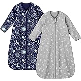 Unnivoll Baby Sleep Sack 6-12 Months 100% Cotton Long Sleeve Wearable Blanket Baby Sleep Bag with 2-Way Zipper 2 Pack 0.5 Tog Sleeping Sack for Newborn Infant Blue Grey Planet
