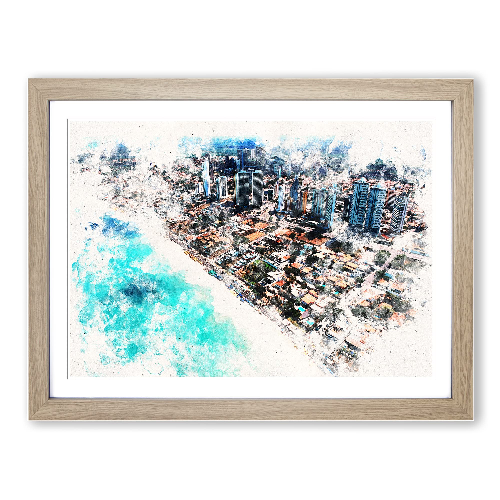 Skyline Of Ponta Negra In Brazil Watercolour Modern Framed Wall Art Print, Ready to Hang Picture for Living Room Bedroom Home Office Décor, Oak A4 (34 x 25 cm)